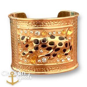 Vtg Lilly Pulitzer Leopard Cheetah Gold Cuff Bracelet - Black Enamel & Crystals